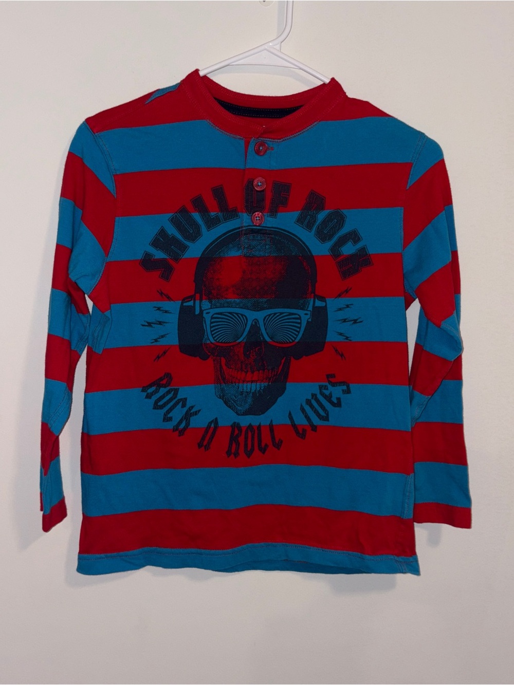 Boy’s Red & Blue Striped Skull Tee M